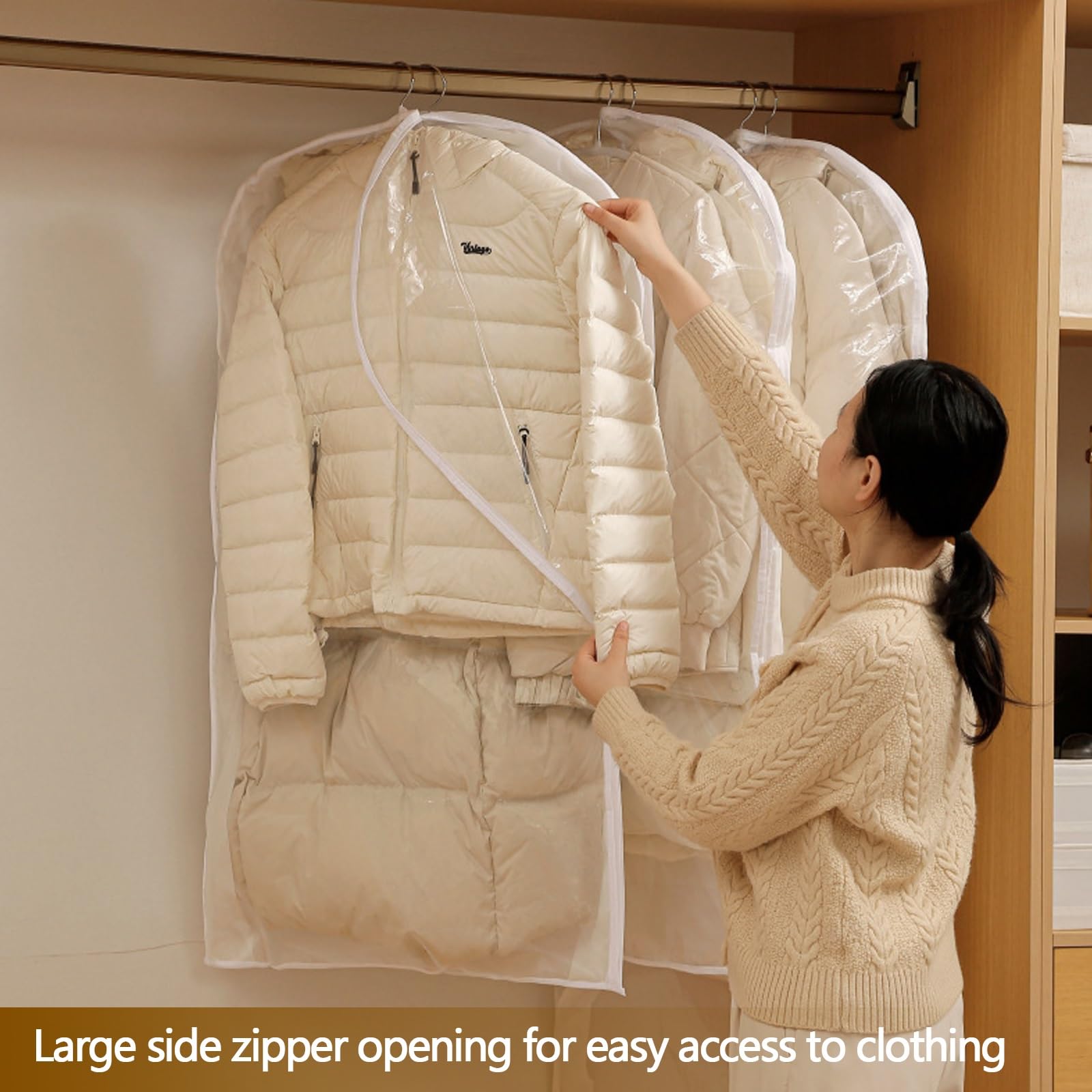 YEQING Borsa Porta Abiti da 5 Pezzi con Cerniera Autocompressiva, Salvaspazio, Borsa per Abiti per Cappotti Invernali, Piumino, Compressione(White,60x15x110cm)