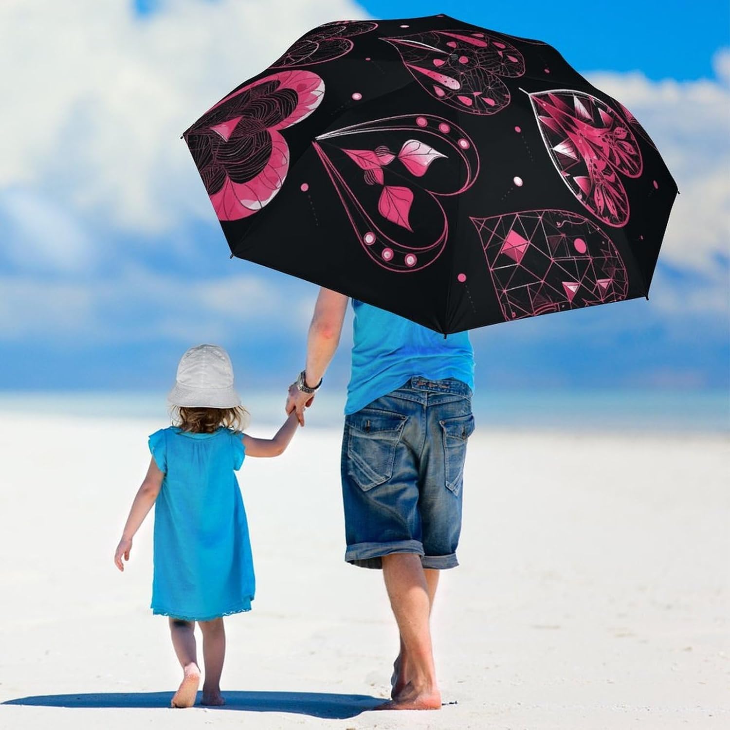 Different Designs of Heart Automatic Golf Umbrella Folding Umbrella | Windproof Travel Umbrella Portable Compact Umbrella with Storage Pouch for Golf Backpack Men Women