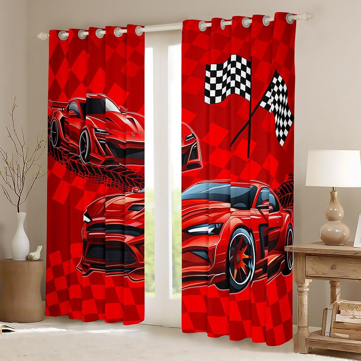Castle Fairy Sports Car Curtain for Bedroom,Neon Green Blue Lightning Check Grid Blackout Window Curtain for Girls Teens,Racing Car Speed Race Themed Decor Microfiber Window Treatment, 42Wx84L inch