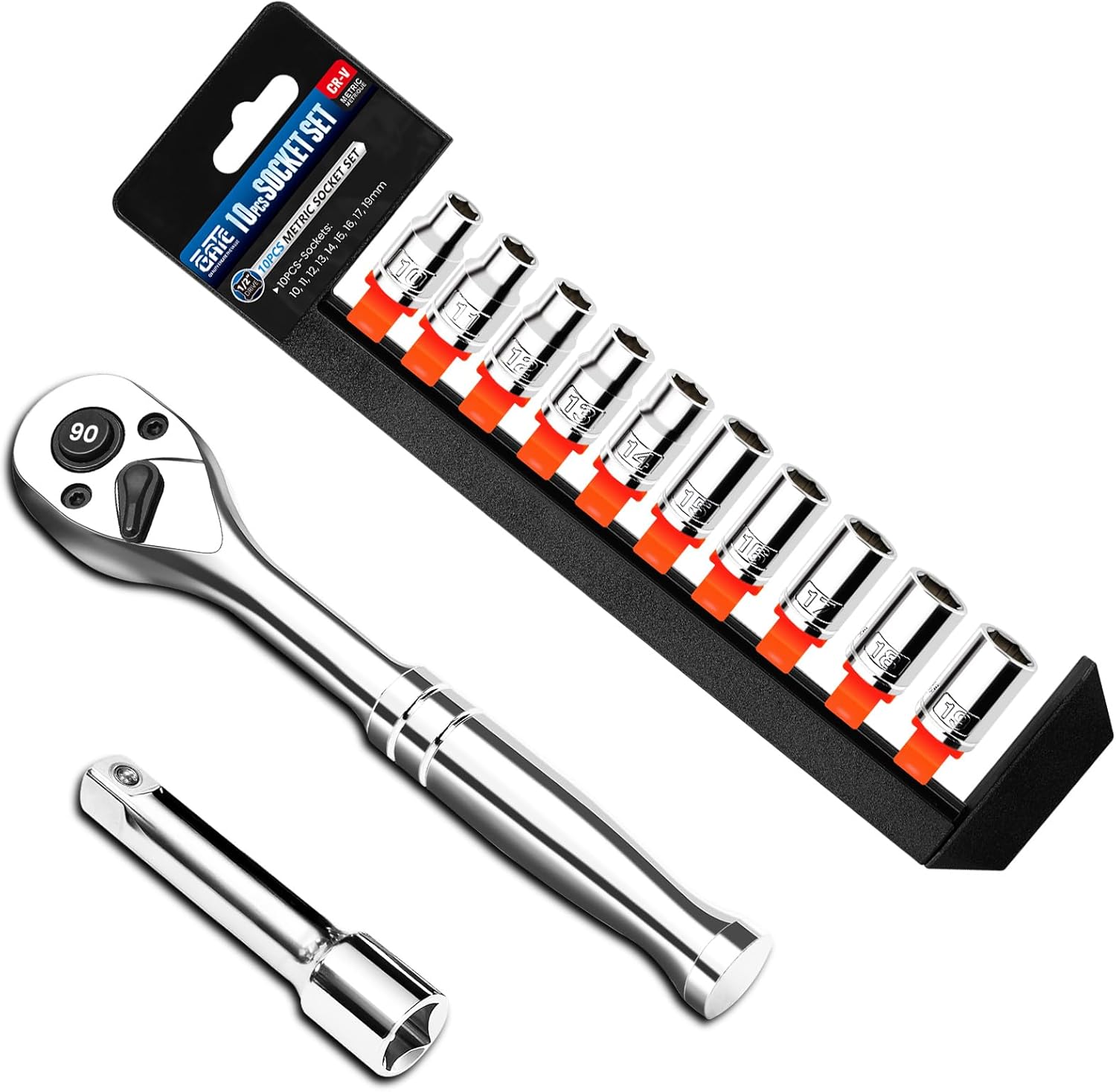 12-Pieces Socket Ratchet Wrench Set, Includes 1/2” Drive 10P Shallow Socket Set, Metric (10mm-19mm) and 1/2" Drive 90 Tooth Ratchet with an Extension Bar(3 inch)