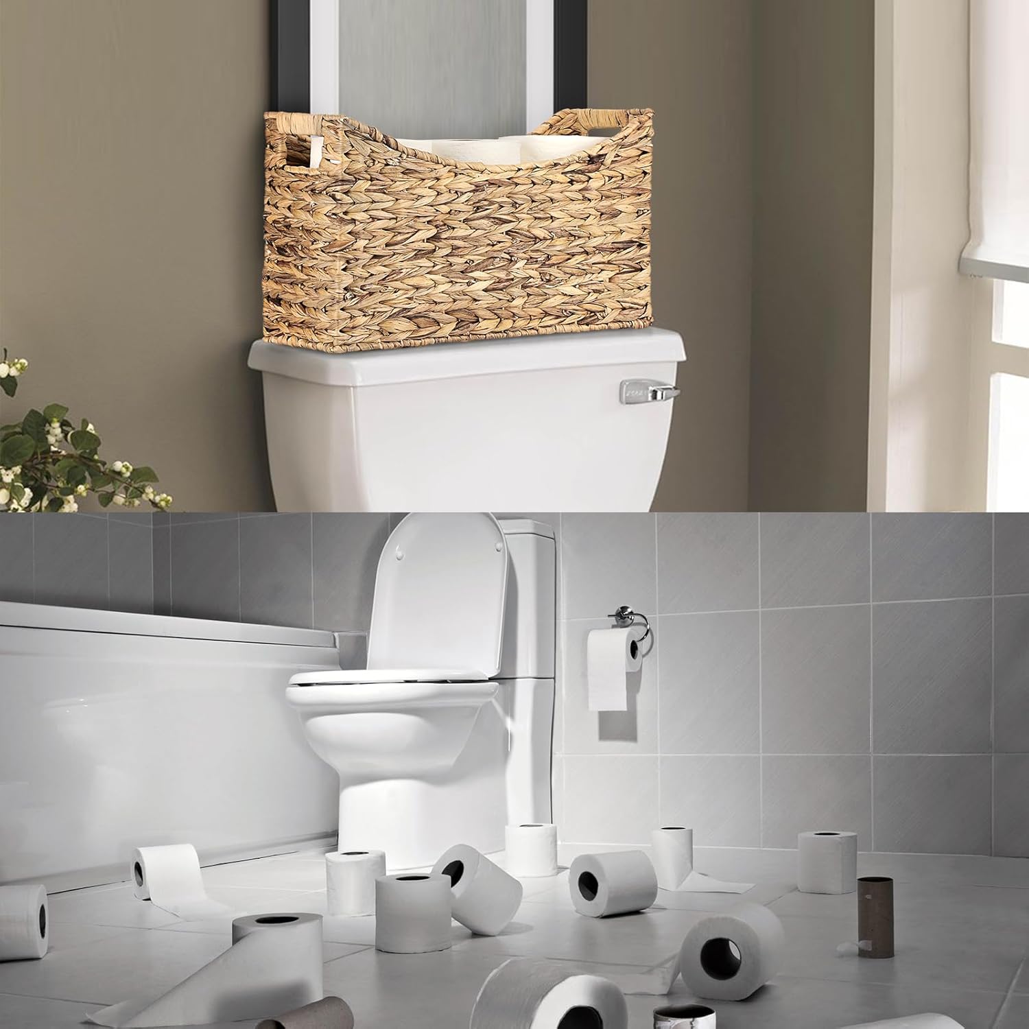 Sumnacon Wicker Toilet Paper Basket Water Hyacinth Toilet Paper Holder Basket with Handle for 6 Mega Papers Rolls or Magazine Slim Toilet Paper Storage Basket for Bathroom