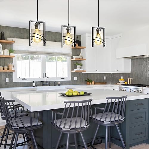 Miniatura 3 de Laihezz Paquete de 1 lámpara colgante industrial, moderna lámpara colgante de metal, color negro, soplado a mano, pantalla de vidrio transparente