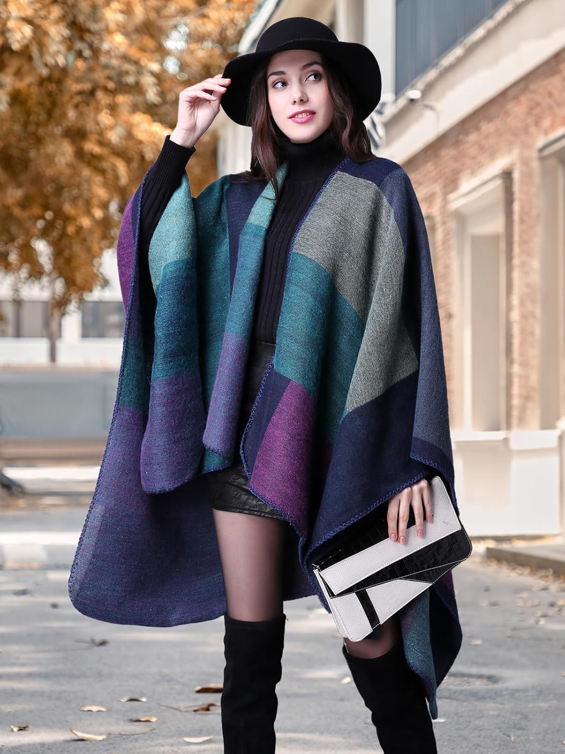 KirGiabo Women's Plaid Sweater Poncho Cape Coat Open Front Blanket Shawls and Wraps - Image 3