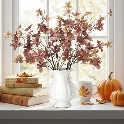 4 Pcs 30 Inch Fall Leaves Stems for Vase Artificial Rusty Quince Leaf Faux Branch Floral Pick Fake…