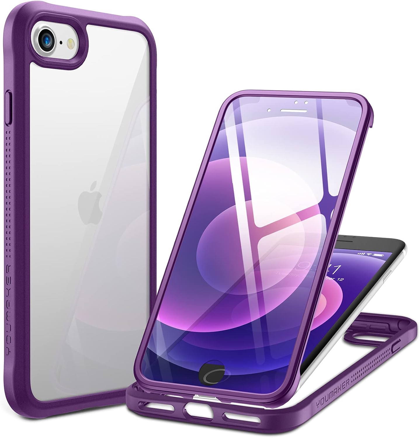 YOUMAKER Janus Designed for iPhone SE 2020 Case/iPhone 8 Case/iPhone 7 Case with Built-in Tempered Glass Screen Protector & Anti-Scratch Clear Back Full Body Slim Fit Protective Case 4.7 Inch - Violet