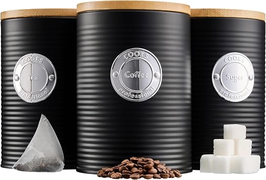 Cooks Professional 3 Piece Ribbed Tea, Coffee, Sugar Cannisters with Air-Tight Bamboo Lids | Stainless Steel Kitchen Storage Bin Set | Modern & Stylish | Black & Silver