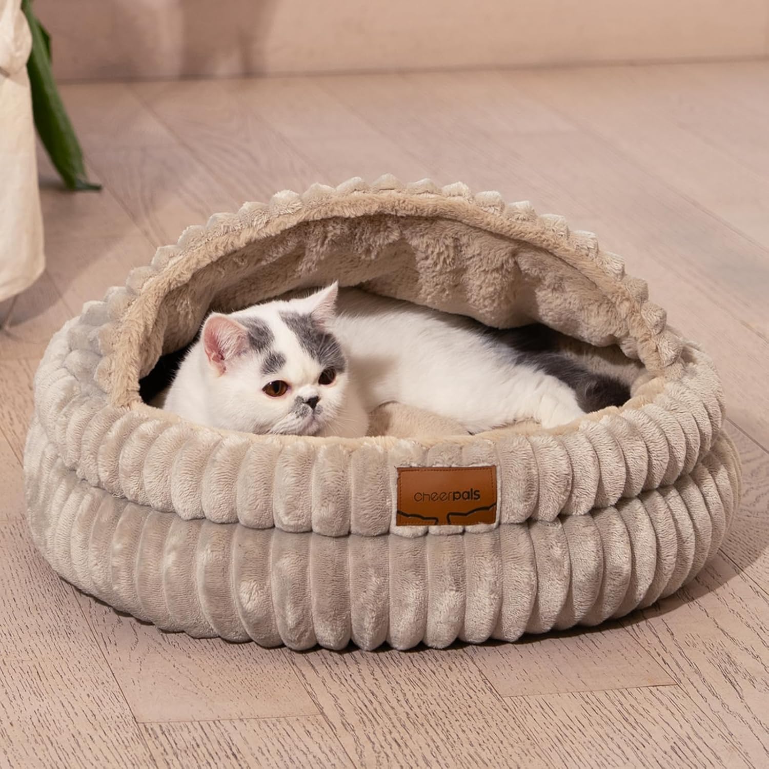 CHEERPALS Cat Cave Bed for Indoor Cats, Washable Covered Cat Bed Hooded Kitty Bed Soft Fluffy Pet Bed for Puppy and Small Dog(Khaki)