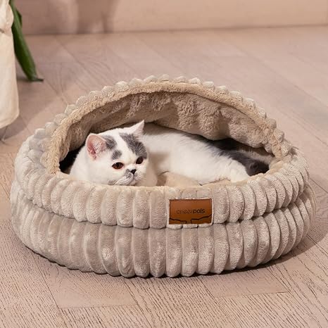 CHEERPALS Cat Cave Bed for Indoor Cats, Washable Covered Cat Bed Hooded Kitty Bed Soft Fluffy Pet Bed for Puppy and Small Dog(Khaki)
