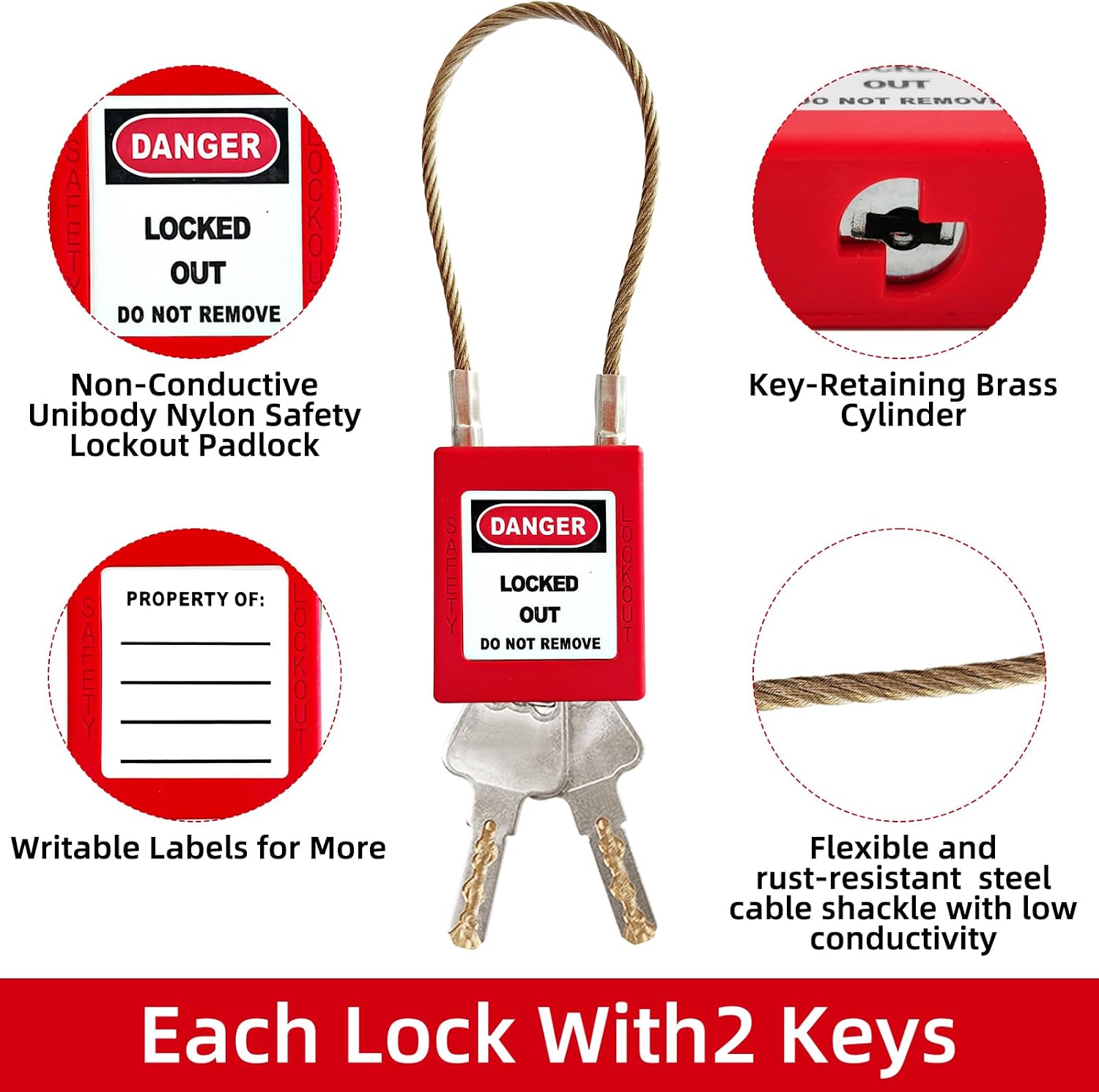 Lockout Tagout Locks Set-5pcs Red Loto Locks,Lockout Locks Keyed Different,Safety Padlocks for Electrical Lockout Tag Out Kit,2 Keys Per Lock, OSHA Compliant Lock Out