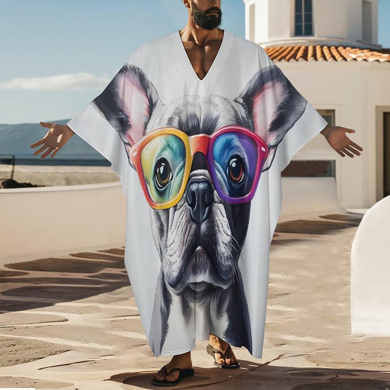 French Bull Dog with Glasses Men's Kaftan Thobe V-Neck Long Gown Loose Robe