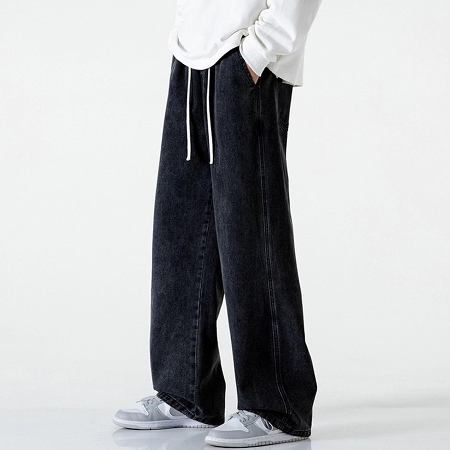 Mens Drawstring Elastic Waist Loose Jean Classic Mid-Waist Baggy Denim Pants Casual Relaxed Fit Denim Pant
