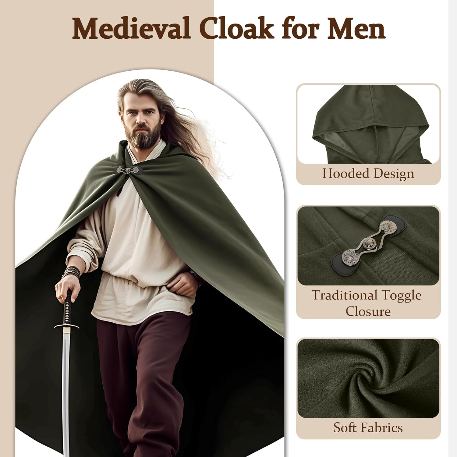 QPAXUCR Medieval Cloak Men, Renaissance Costume Cloak with hood and Green Leaf Brooch Necklace for Halloween Cosplay Party. - Image 2