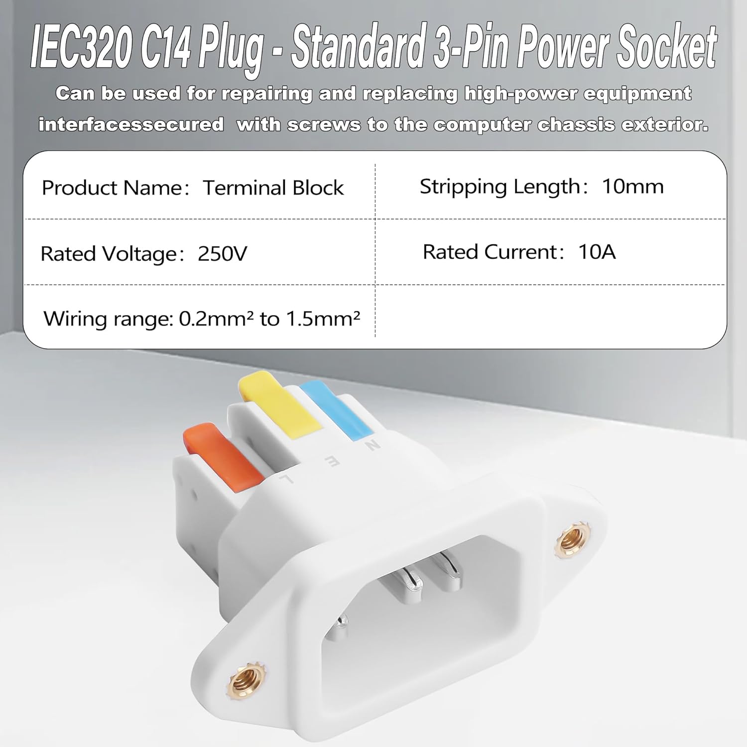 IEC C14 Solderless Quick-Connect Panel-Mount Plug, 10A 250V C14 Input Module Power Socket, IEC320 C14 Panel-Mount Plug Adapter for Computers, Servers, Printers, 2PCS (White)