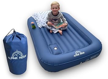 Toddler Travel Bed Portable Nylon Bed with 4-Sided Bumpers Inflatable Air Mattress for Camping, Sleepovers Kids Air Mattress with Built-in Foot Pump