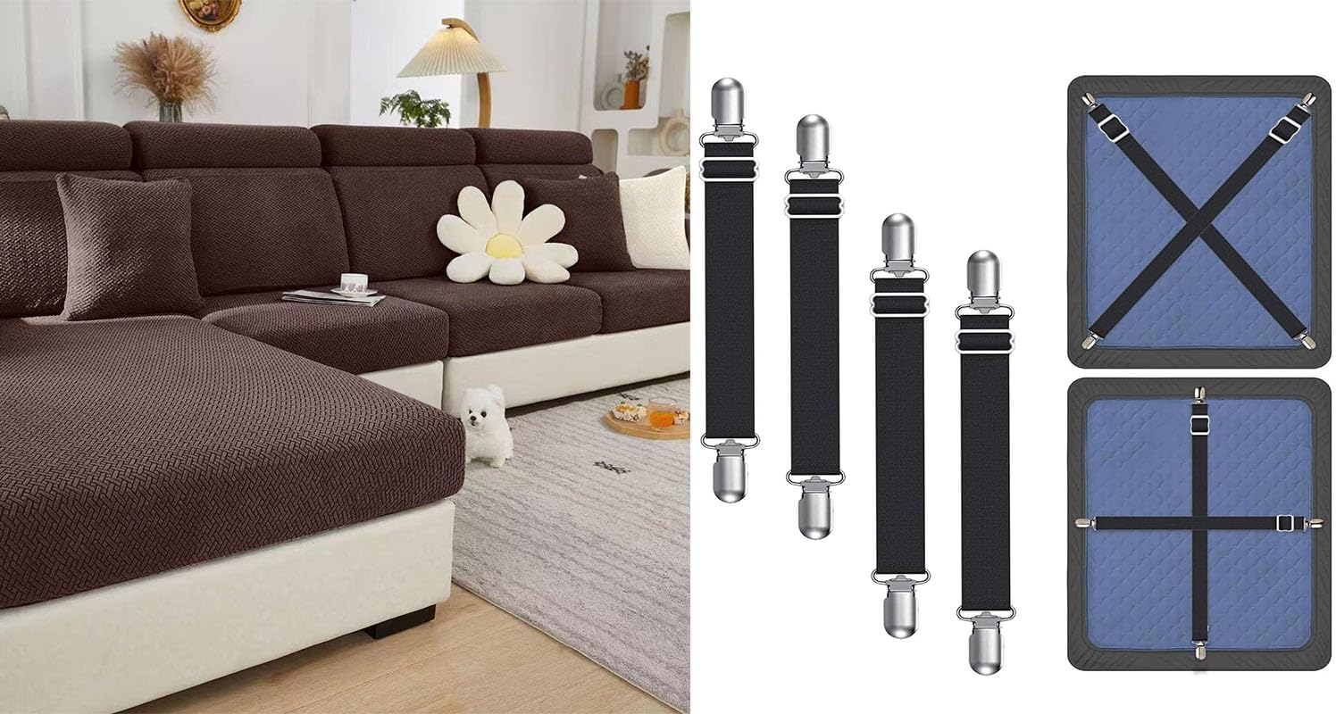 Couch Cushion Covers (Texture Brown, Large Single Seat Cover)+ 4 Pcs Black Couch Covers Holder Clips