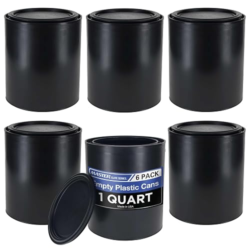 Master Elite 1 Quart (32 fl. oz) Empty Plastic Paint Can Bucket, Pack of 6 | Triple Lock Airtight Lid Seal, All-Plastic Coating Storage Container Can - Pail Handle, Dent & Rust Proof, Odor Resistant