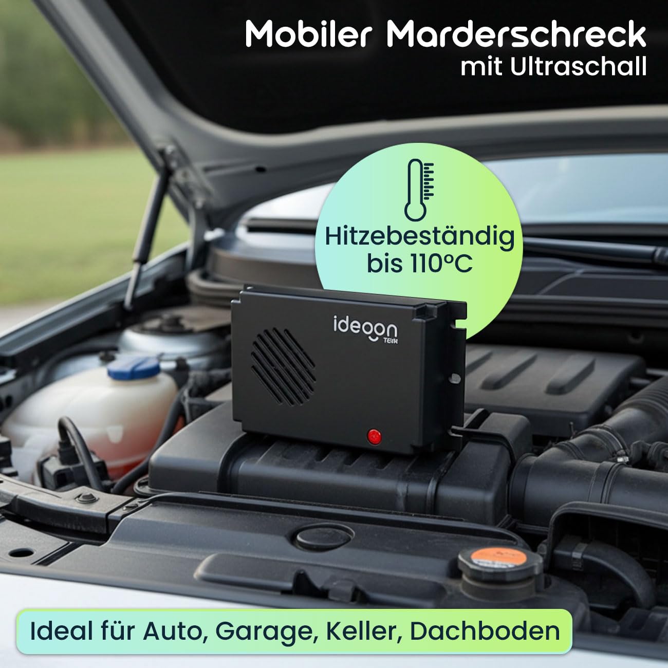 ideoon 2er-Set Hocheffektive Mobile Marderabwehr mit Ultraschall, batteriebetrieben: Bewährte Tierabwehr für KFZ - Ideal für Motorraum, Haus, Garage & Schuppen