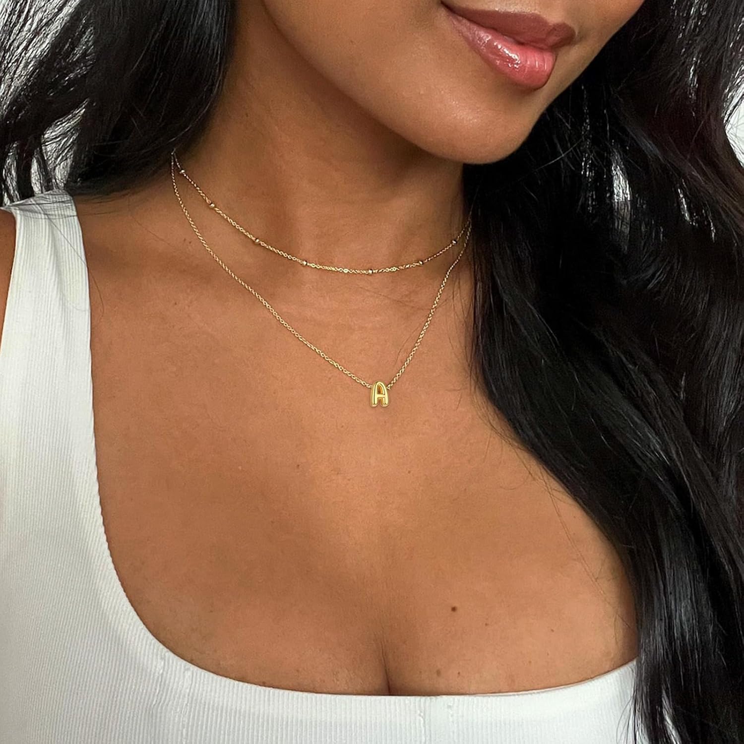 Bubble Letter Necklace Layered Initial Necklace for Women 14K Gold Plated Small Balloon Pendant Necklaces Cute Name A-Z Choker Necklaces Personalized Jewelry Gift - Image 3