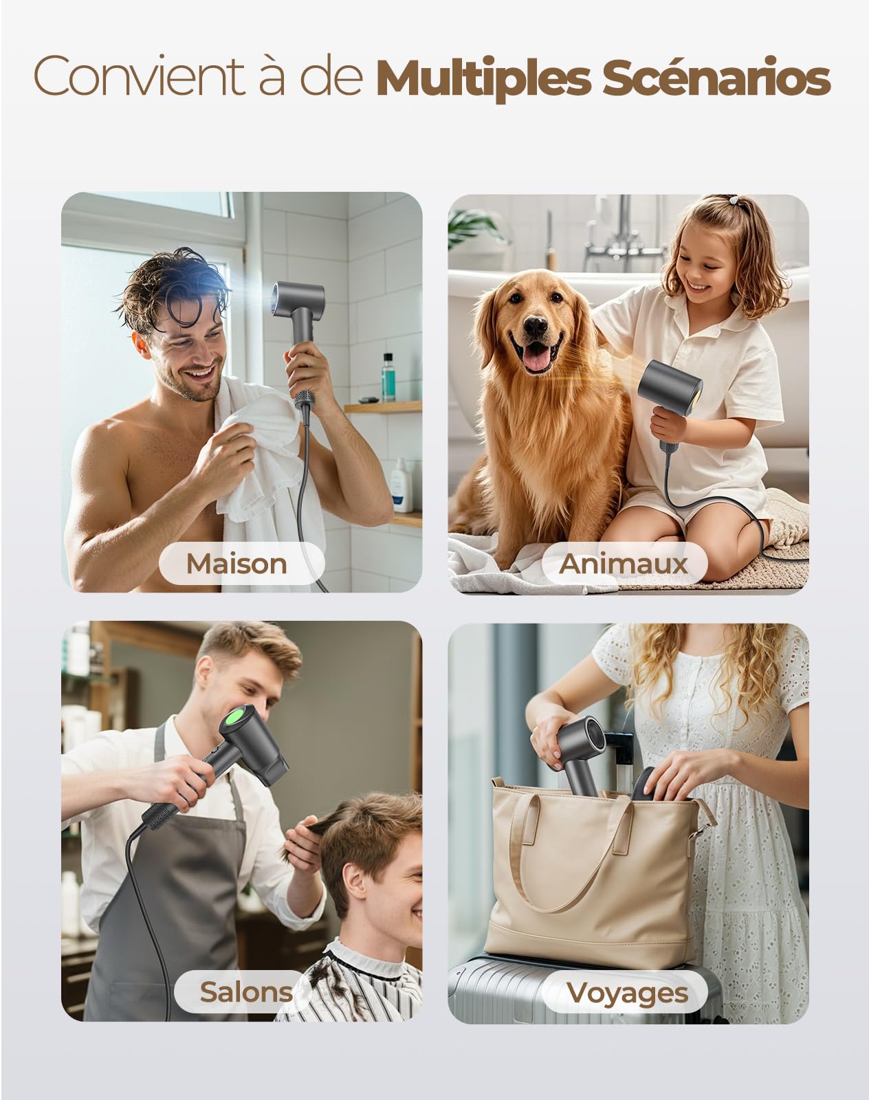 Haokoo Seche cheveux Professionnel Ionique 150000TR/Min | Séchage Rapide 5X, 500M Ions Anti-Frisottis, 8 Températures LED, Contrôle Intelligent Anti-Surchauffe, Léger & Silencieux