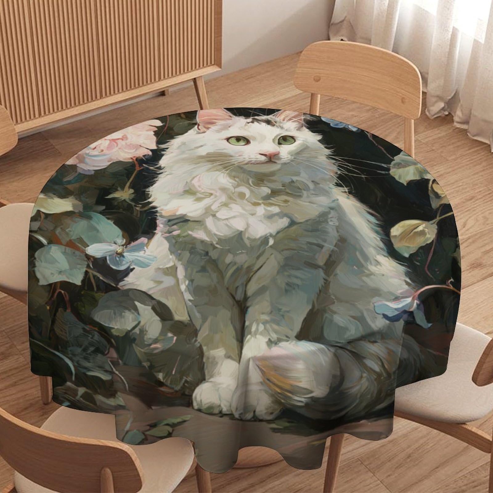 LUYYSKY Beautiful Realistic Cute Cat Round Tablecloth Classic Funny Spring Garden Animals Kitten Pattern Washable Decor for Table Cover for Kitchen-127 Wx127 L cm