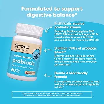 Renzo's Kids Probiotic, Dissolvable Probiotics for Digestive Health & Immune Support, 60 Cherry-Flavored Melty Tabs
