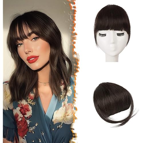 BARSDAR Human Hair Clip in Bangs - 100% Real Human Hair Clip in Bangs for Women - Brown Thick Bangs Extensions Fringe with Temples Real Hair Bangs Hairpieces - Darker Brown