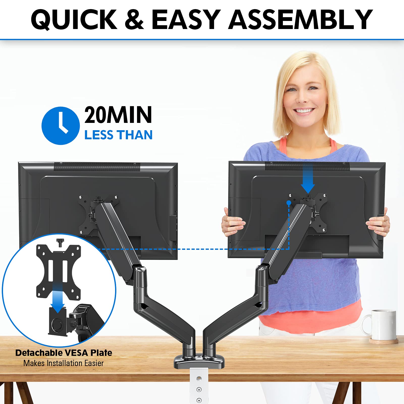 MOUNTUP Dual Monitor Stand, Fully Adjustable Gas Spring Dual Monitor