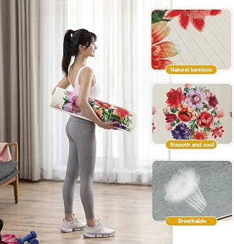 Bamboo Yoga Mat Vintage Flower Natural Bamboo Mat Fitness Exercise Mat W24x L67For Home Tatami, Yoga, Pilates Fitness and Exercise Rest Cushion
