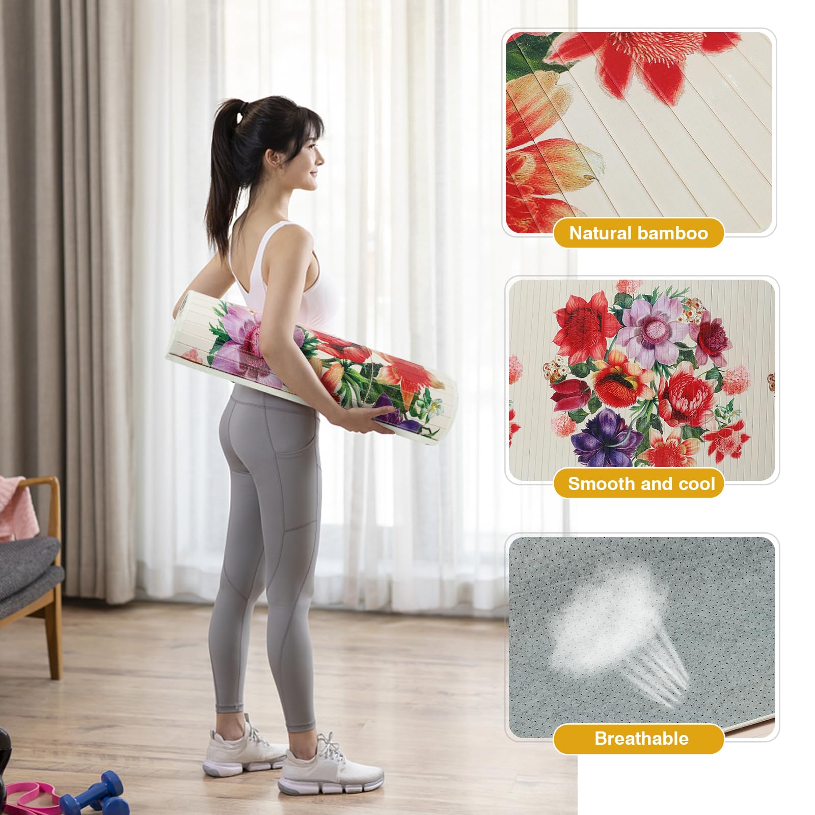 Bambus-Yogamatte, Vintage-Blume, natrliche Bambusmatte, Fitnessmatte, 61 x  170 cm, fr Zuhause, Tatami, Yoga, Pilates, Fitness und bungen, ...