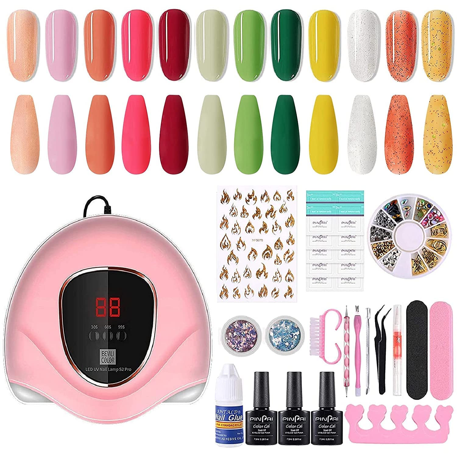 Gel Nail Polish Kit with UV Light, 72W UV/LED Nail Lamp Dryer/12 Colors Pink/Glitter Gel Nail Polish Set Base Top Coat with Full DIY Manicure Nail Tools, Nail Art Decorations Gift Set (Pink (31 Pcs))
