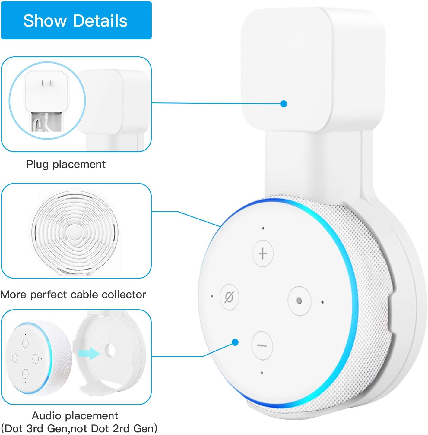 Echo Dot Wall Mount Holder, Amazon Echo Dot Mount 3rd Gen Space-Saving Accessories for Dot Smart Speakers, Clever Echo Dot Accessories with Hide Messy Wires Arrangement (White, 1-Pack)