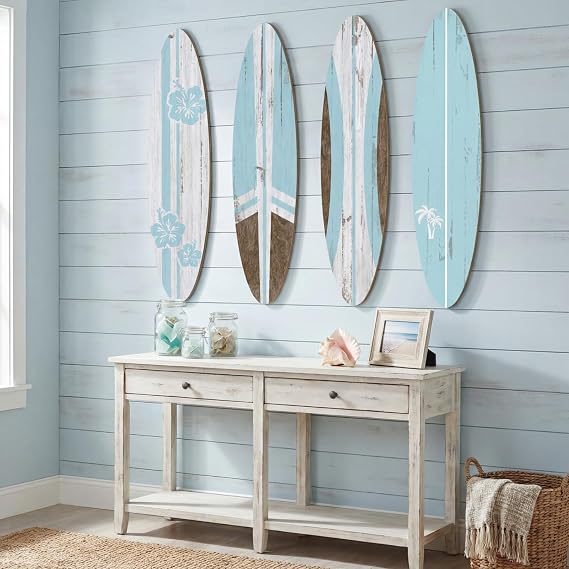 Threan 4 Pcs Surfboard Wall Decors 23.6 x 5.4 Inch Girls Room Decor Preppy Surf Board Hanging Signs Aesthetic Large Wooden Beach Tropical Wall Art for Surfer Bedroom Living Room Bathroom Decors