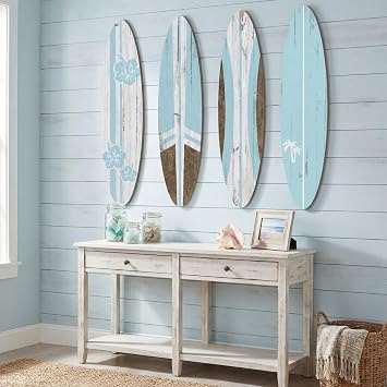 Threan 4 Pcs Surfboard Wall Decors 23.6 x 5.4 Inch Girls Room Decor Preppy Surf Board Hanging Signs Aesthetic Large Wooden Beach Tropical Wall Art for Surfer Bedroom Living Room Bathroom Decors