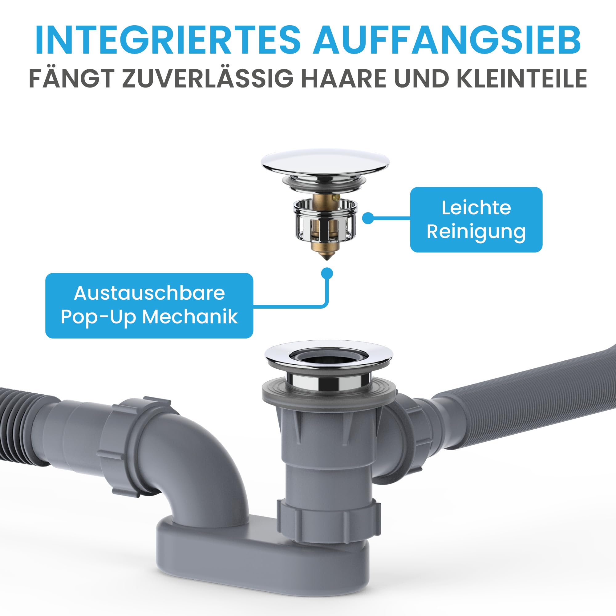Bächlein Ablaufgarnitur Pop Up für die Badewanne, Pop Up Funktion inkl. Siebeinsatz für einen sauberen Wannenablauf, Komplettset inkl. flexiblem Überlauf, Überlaufblende & Siphon