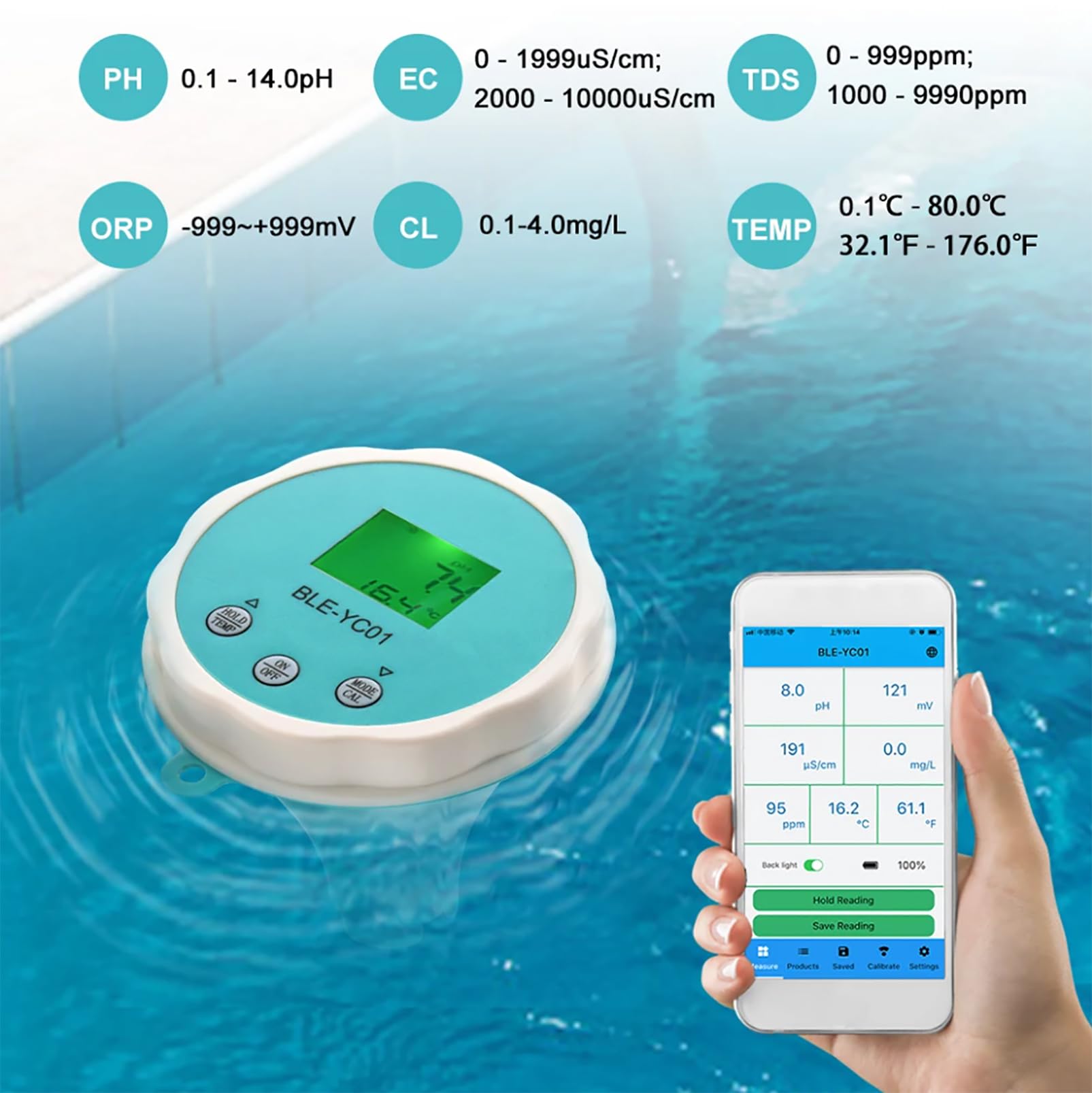 Intelligenter Wasserqualitätstester, 6-in-1-Bluetooth-Schwimmbadmonitor-Wassertester Mit App-Verbindung, PH CL EC TDS ORP-Temperatur Für Pool, Aquarium, Whirlpools Und Swim Spas