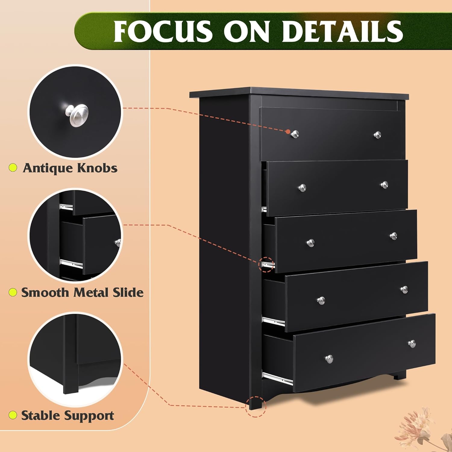 WLIVE Wood Dresser with 5 Drawers, Black Wooden Storage Cabinet, Organizer Drawers for Bedroom, Living Room, Hallway, Measuring 15.75" W * 31.50" D * 45.35" H Black 5 Drawers image 5 of 9 B0D4YSVKVP
