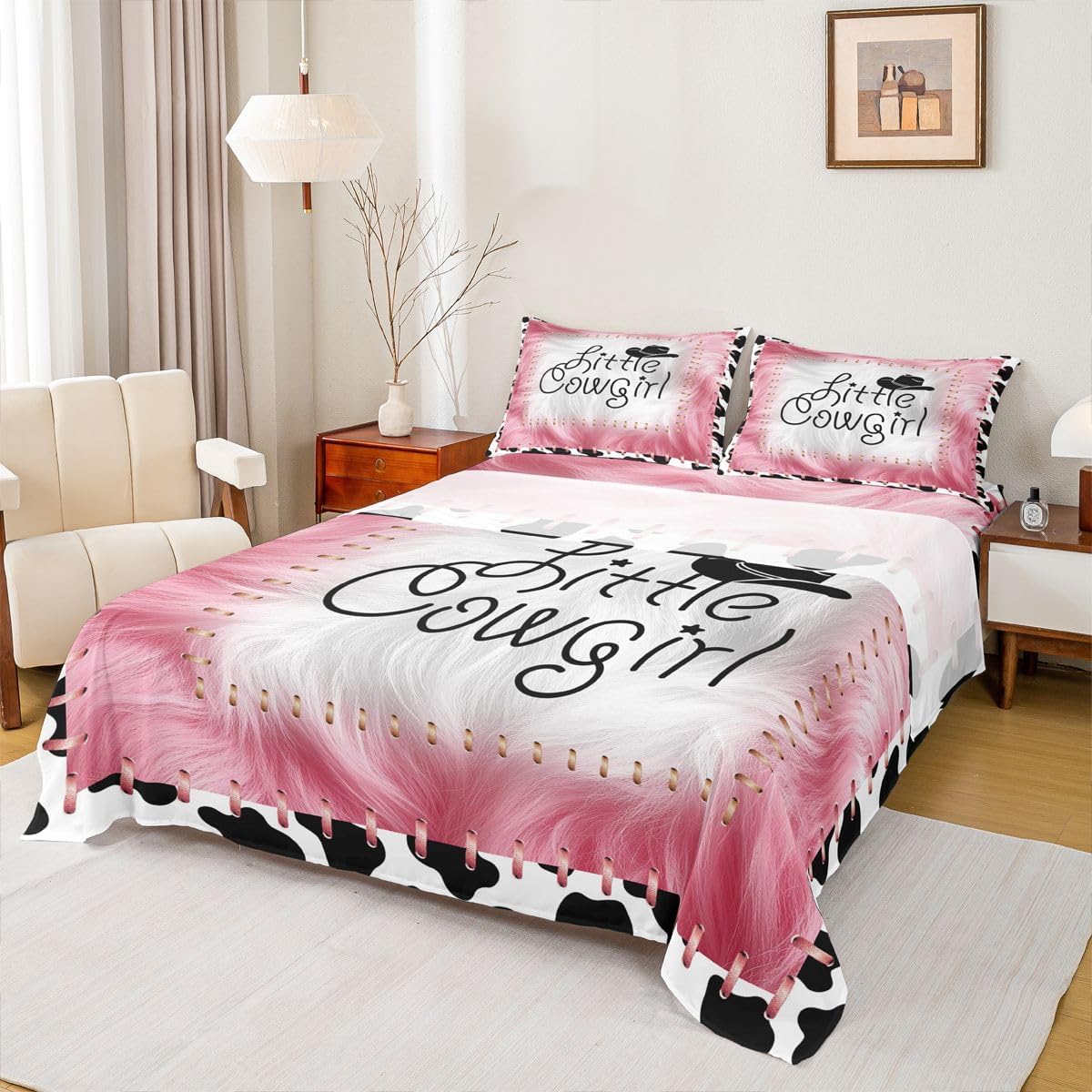 Feelyou Pink Cowgirl Sheets with Deep Pocket Fitted Sheet Western Hat Printed Sheet Set Pink and White Cow Fur Cowboy White Black Bed Sheets Set Room Decor Queen Size with 2 Pillow Case