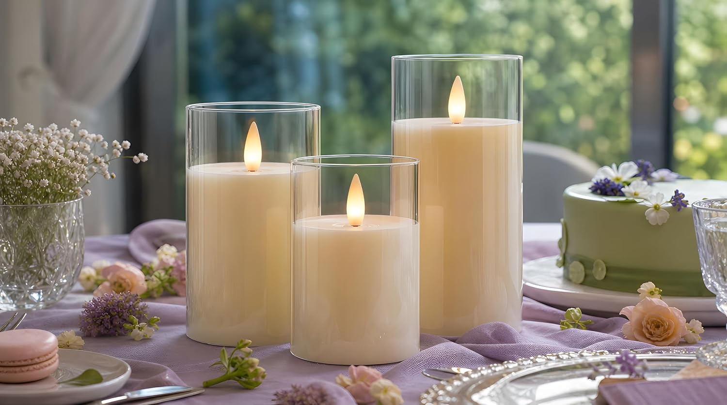 Glass Flameless Pillar Candles Flickering with Remote Timer, Battery Operated LED 3D Moving Flame Real Wax Candles,Remote Included (Ivorywhite)