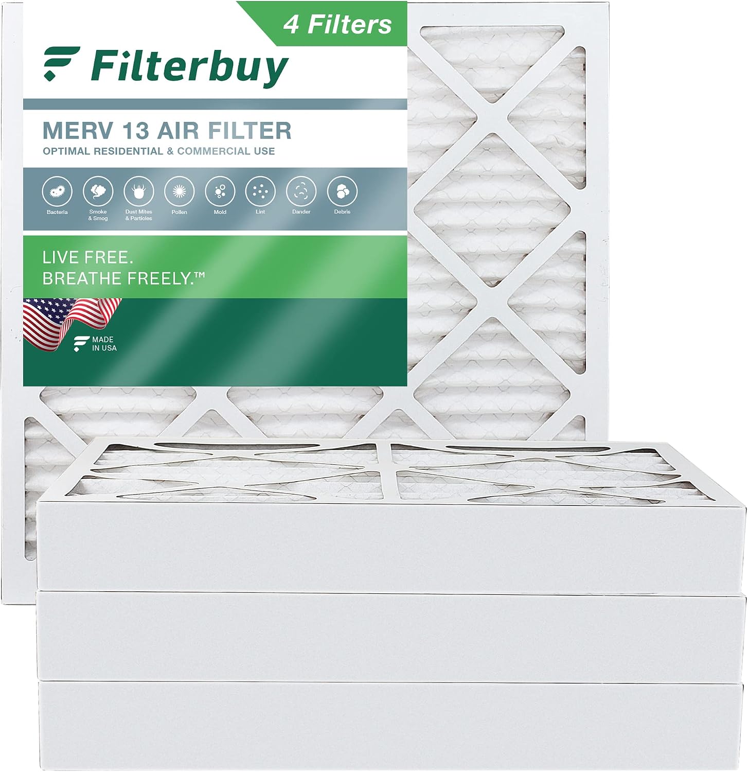 Filterbuy 20x20x4 Air Filter MERV 13 Optimal Defense (4-Pack), Pleated HVAC AC Furnace Air Filters Replacement (Actual Size: 19.38 x 19.38 x 3.63 Inches)