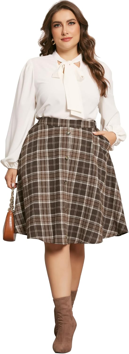 Agnes Orinda Plus Size Plaid Skirts for Women Vintage Elastic Waist Button Front A-Line Skirt with Pockets - Image 3