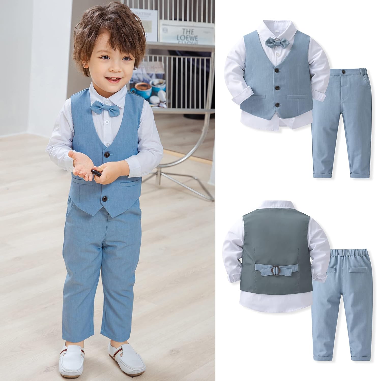 Boys 3Pcs Clothing Sets Cotton Long Sleeve Bowtie Shirts +Vest +Pants Casual Suit