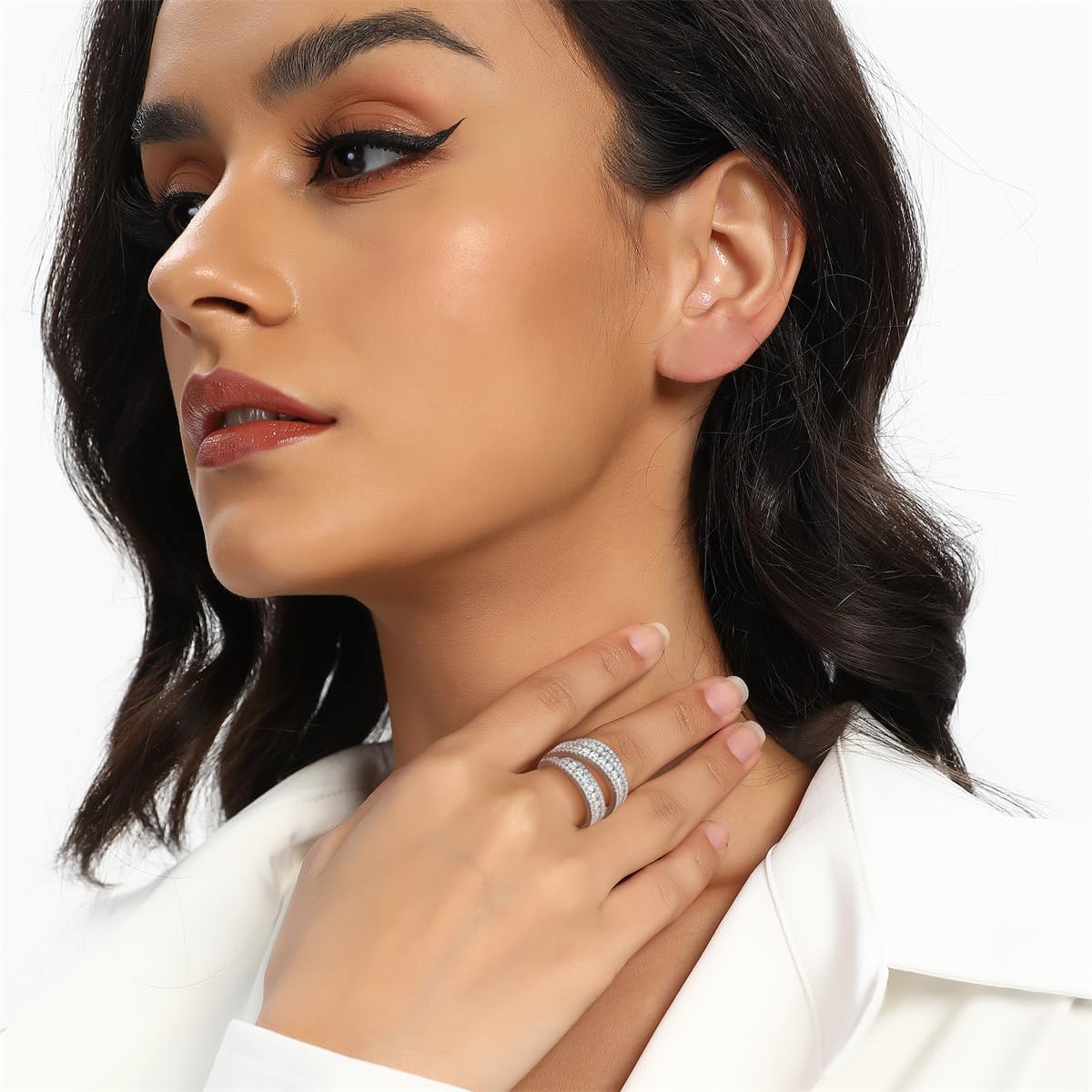 MDFUN Halo Eternity Rings Wedding Bands, 3 Rows Round Cut Cubic Zirconia Statement Rings, 18K White Gold/Yellow Gold Plated Wedding Band for Women Size 5-10 - Image 4