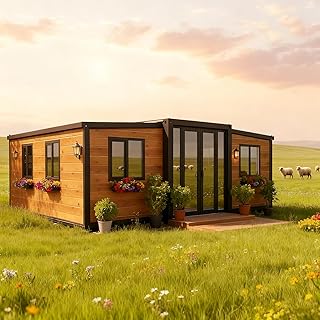 40FT Prefab Tiny Home for Sale, 20FT Expandable Container House with 2 3 Bedrooms Full Kitchen & Bath, Portable Foldable Modern Modular Cabin Kit for Backyard Outdoor Adults to Live in