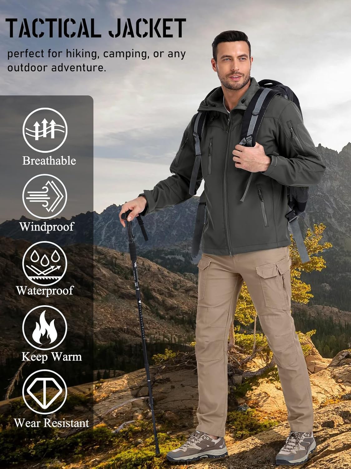 NAVEKULL Men's Tactical Jacket Waterproof Softshell Fleece Lined Hooded Coats Outdoor Hiking Windbreaker - Image 6