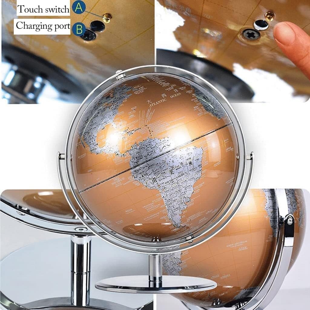 Antique Desktop Geo World Globe 10 Inch, 720° Rotating Educational Globe, Rechargeable LED Light, Perfect for Home or Office Decor