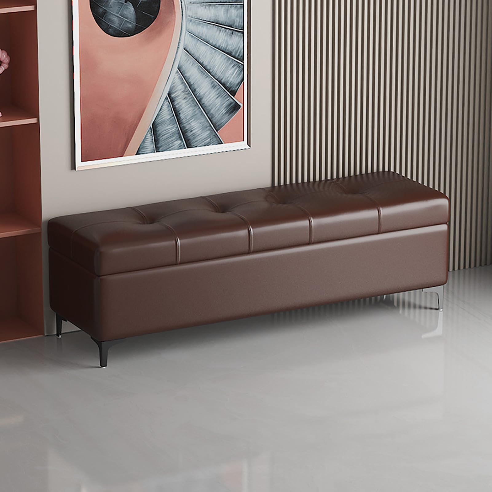 Banc de rangement marron pour entrée et salon repose-pieds design métal