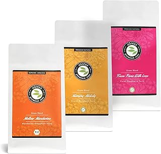 Alveus Premium Tee Set 3x 100g (Tüte) - Mellow Mandarine, Morning Melody & From Paris with Love – Grüner Tee Lose – Aromatisierte Kräutertee Mischung perfekt für Entspannung & Genuss – ca. 120 Tassen