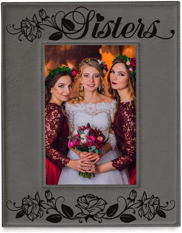 KATE POSH Sisters Engraved Leather Picture Frame - Maid of Honor Gifts, Matron of Honor Gifts, Bridesmaid Wedding Gifts, Birthday Gifts, Big Sister, Little Sister, Best Friend (5x7-Vertical)