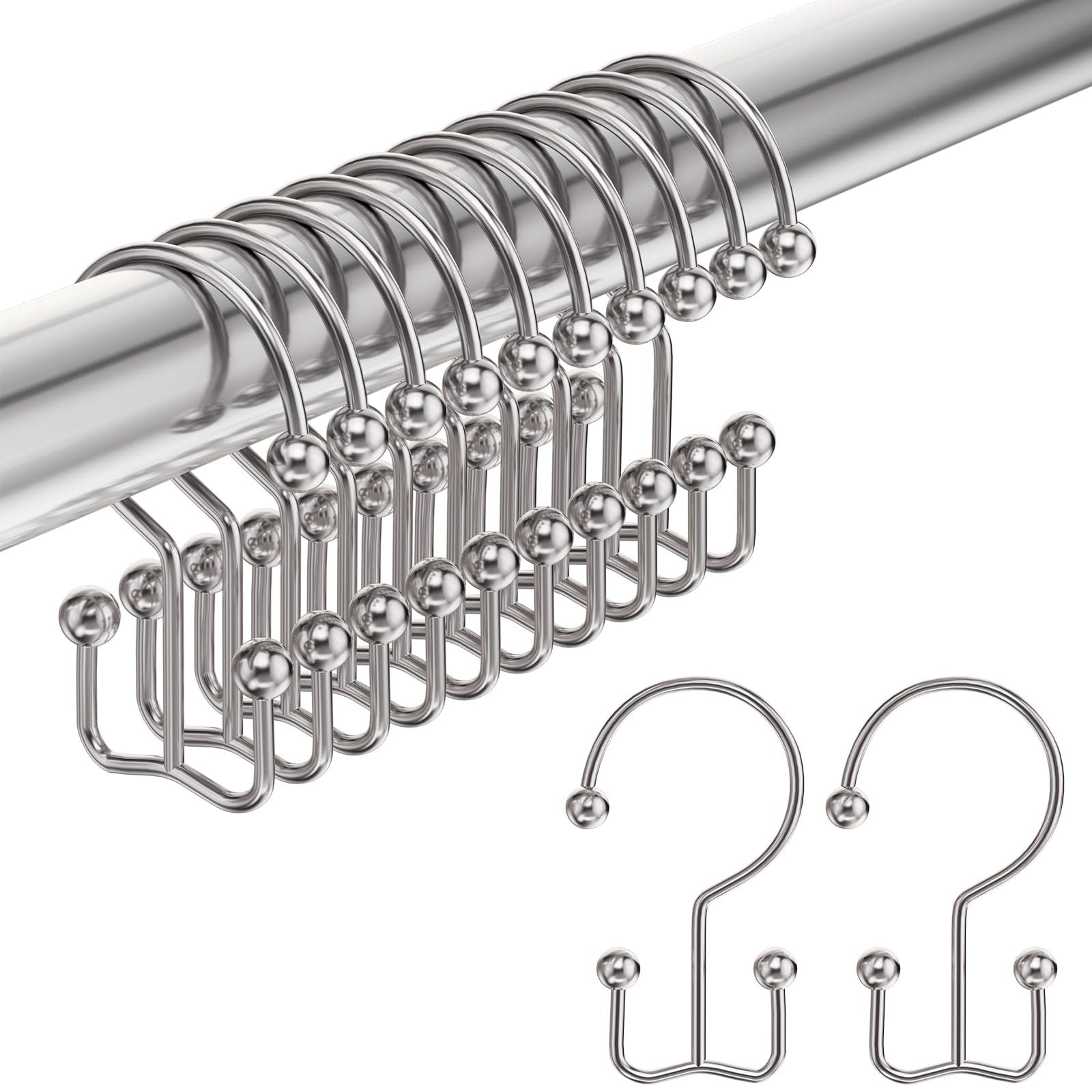 Amazer Shower Curtain Hooks Rings, Double Shower Curtain Hooks Rust Proof Stainless Steel Shower Curain Hangers 12Pcs, Polished Nickel Shower Hooks for Bathroom Shower Curtain Rod