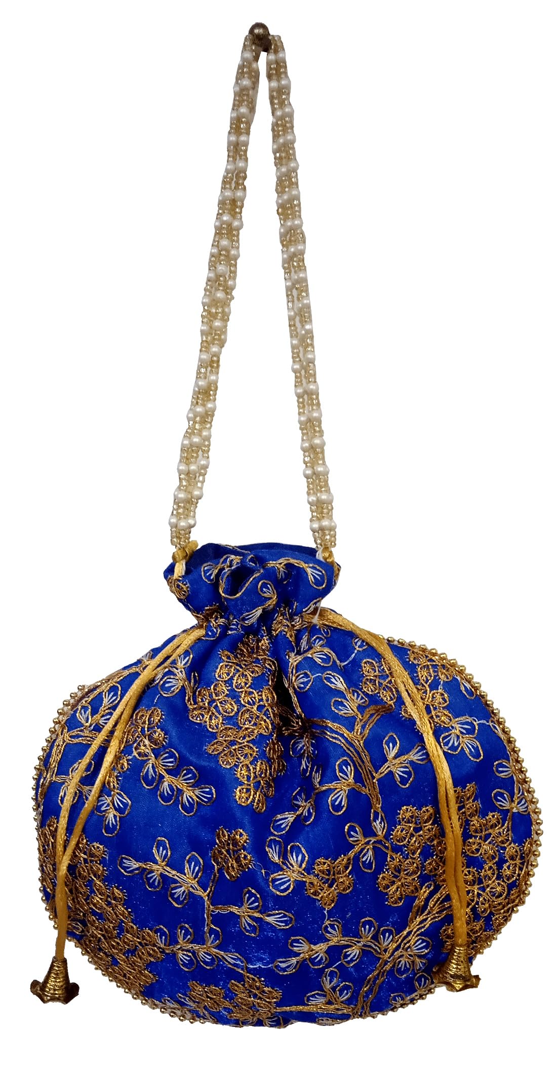 Purpledip Silk Potli Bag (Clutch, Drawstring Purse): Intricate Gold Thread & Sequin Embroidery Satchel For Women, Blue (12602D) - Image 4 thumbnail